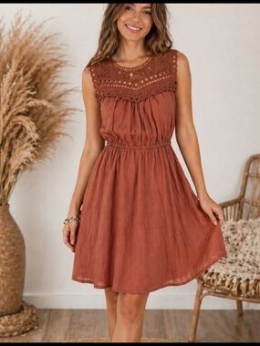 Sweet Wanderer Rust Boho Crochet Lace Sleeveless Dress Med Festival Peasant Mini